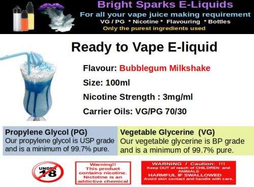 Vape Juice  /  E- Liquid  Bubblegum Milkshake