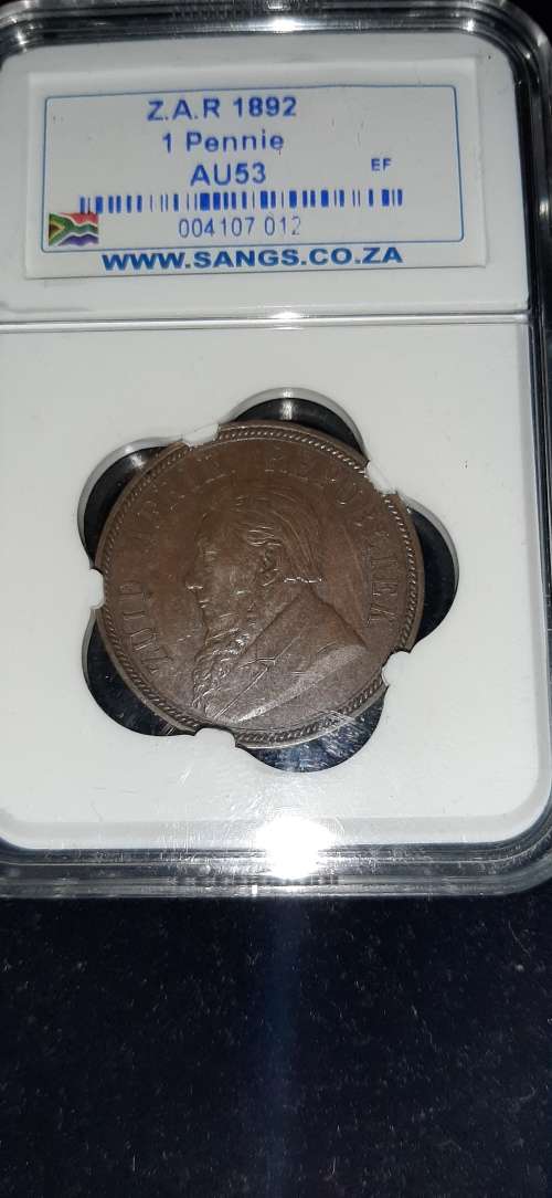 1892 ZAR Penny graded AU53 EF