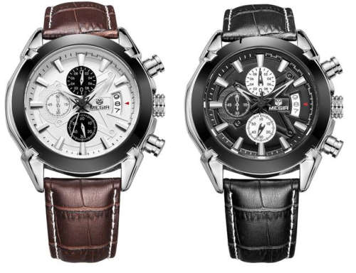 MEGIR Brown or Black Leather Chronograph Watch