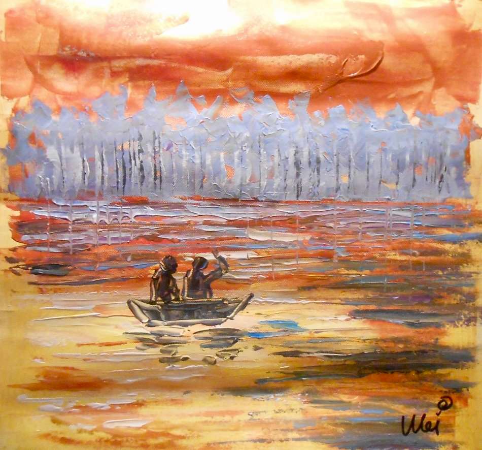 Abstract Fisherman on Lake / Oil Painting On Canvas / Unframed