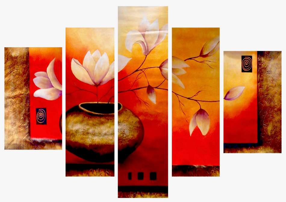 Japanese Style Flowers in Vase / 5-Piece Mega Oil Painting On Canvas / Unframed / STOCK CLEARANCE!!!