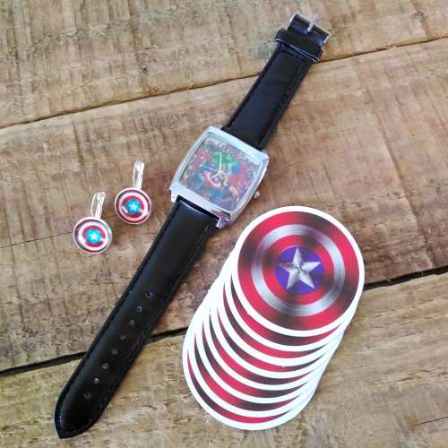 CLEARANCE COLLECTION | Avengers Watch + Captain America Stickers + Shield Earrings | Fan Gift Set