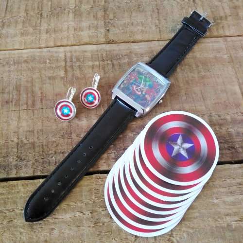 CLEARANCE COLLECTION | Avengers Watch + Captain America Stickers + Shield Earrings | Fan Gift Set