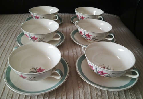 SIX STAFFORDSHIRE ENGLAND SOUPS BOWLS WITH SAUCERS