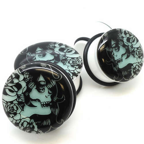 Acrylic Ear Plugs with Rubbers (pair) - Luminous Skull - 8mm