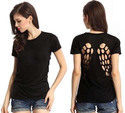 Angel Wings Hollow Out Open Back Black Shirt (Asian Size: Small)