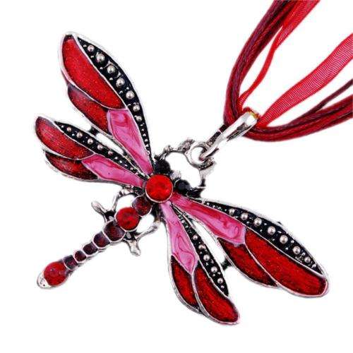 Dragonfly Rhinestone Necklace - Red