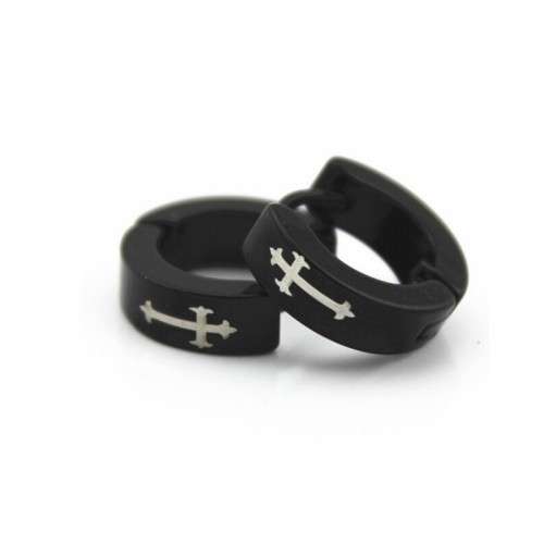 Stainless Steel Small Black Hoop Earring with Cross