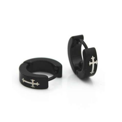 Stainless Steel Small Black Hoop Earring with Cross