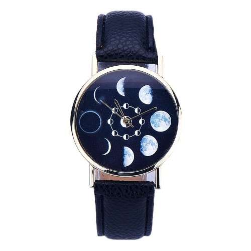 Moon Phase Wrist Watch - Black Strap with Gold Face