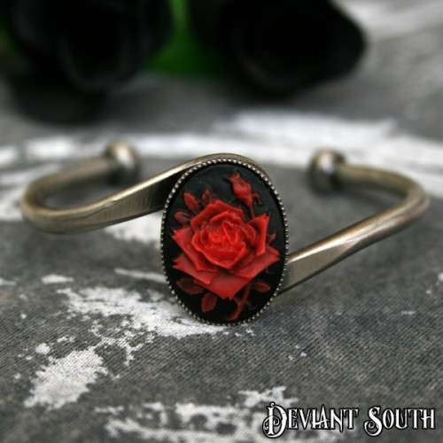 Red Rose Cameo Antique Silver Cuff - Medium Cameo (25x18mm)