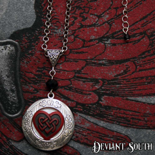 Deviant South 'Knot This Heart' Red Celtic Heart Round Locket, Black Beads