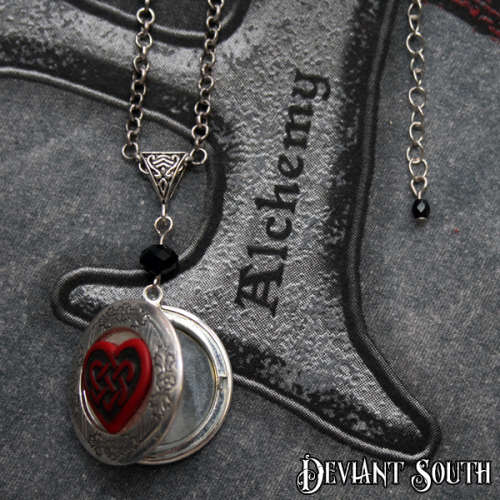 Deviant South 'Knot This Heart' Red Celtic Heart Round Locket, Black Beads