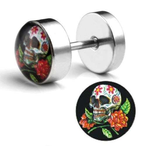 Stainless Steel Faux Ear Plugs (pair) - Sugar Skull Flowers