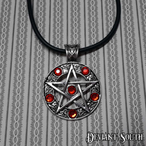 Zinc Alloy Pentagram Necklace - Red Rhinestones