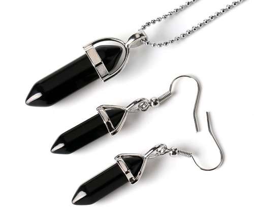 Natural Stone Necklace & Earrings Set - Black Onyx