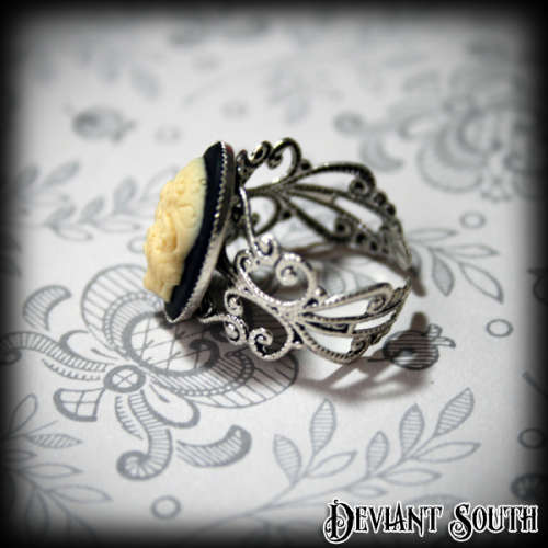 Deviant South Memento Mori Ring featuring Small 3D `Ivory` colour Sugar Skull Cameo