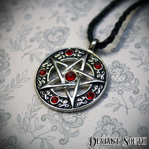 Pewter Pentagram Necklace - Red Rhinestones