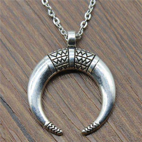 Silver Crescent Moon Horn Tribal Necklace