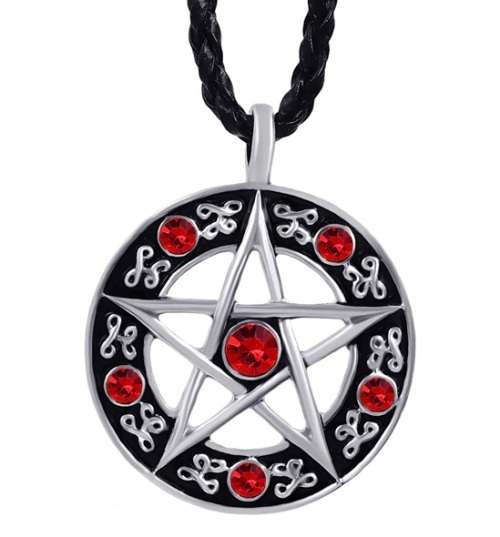 Pewter Pentagram Necklace - Red Rhinestones
