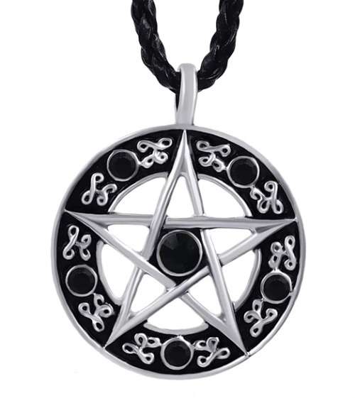 Pewter Pentagram Necklace - Black Rhinestones