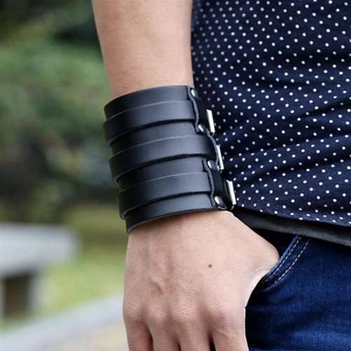 Wide Genuine Leather Unisex Wristband - Black - 3 Buckle