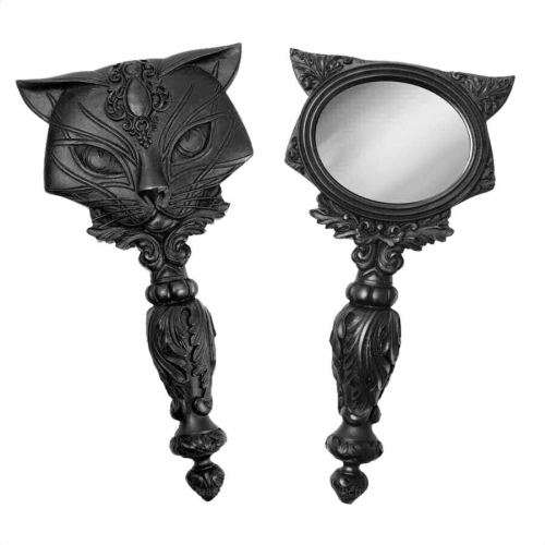 Alchemy Gothic V64B Sacred Cat Hand Mirror - Black