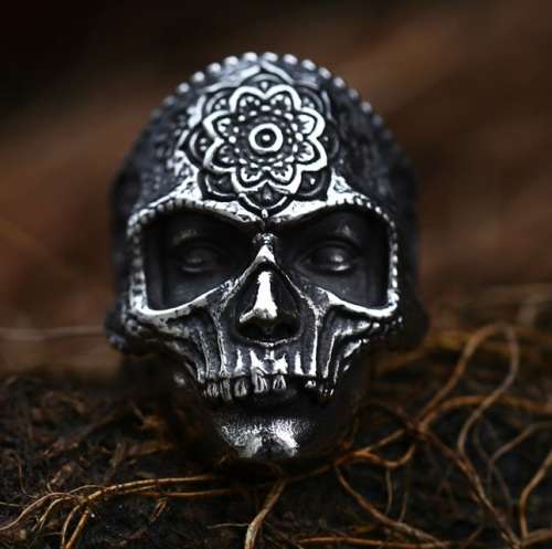 Stainless Steel Skull Mandala Mask Ring - Silver - Size 10 (US) | U (UK)