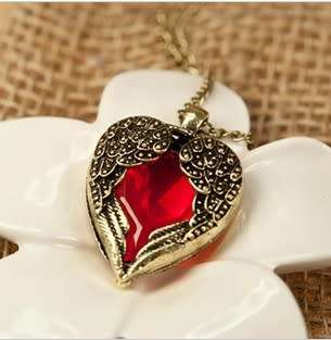 Angel Wings Red Heart Bronze Pendant Necklace