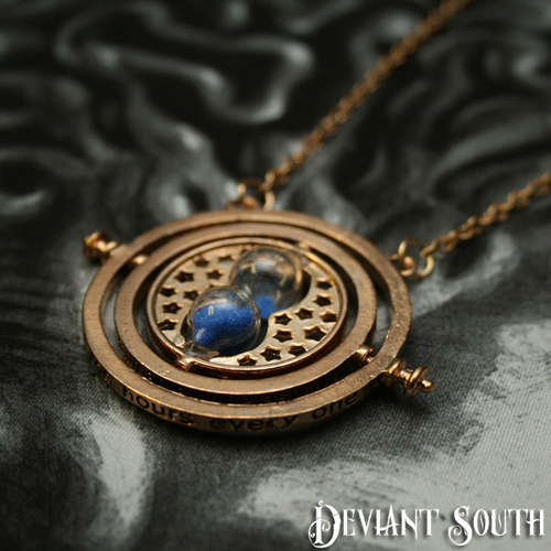 Harry Potter Time Turner Hermione Rotating Gold-tone Hourglass Necklace - Blue Sand