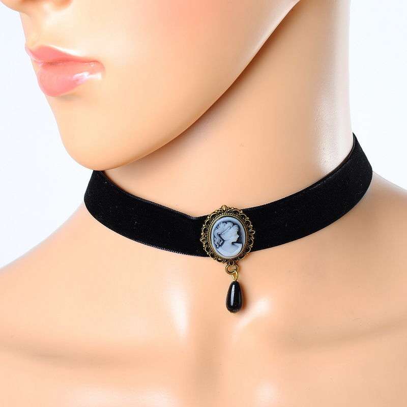 New! Retro Black Velvet Lady Cameo Choker