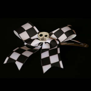 Hair Clip - Black and White Checkered Ribbon with Plastic Skull Detail
