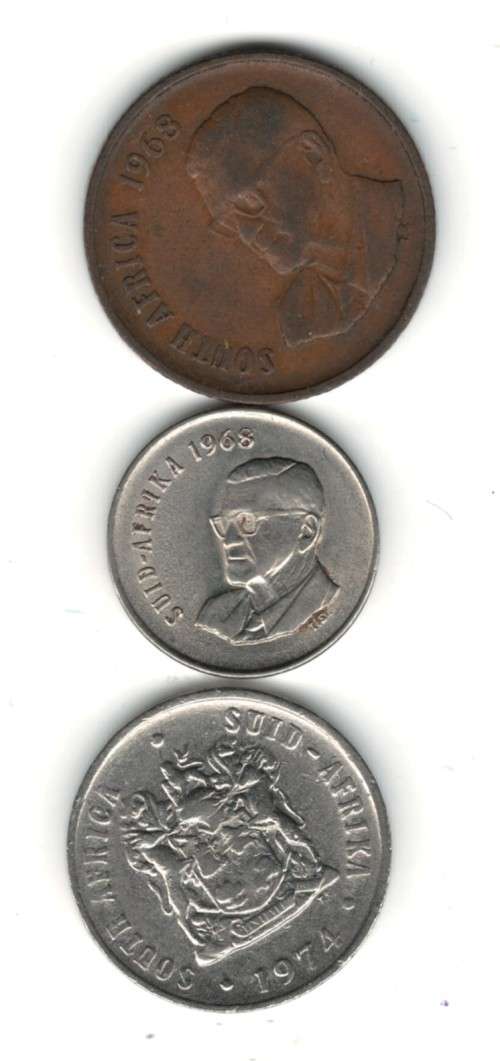 **R1 START - 1968 English 2 Cents , 1968 Afrikaans 5 Cents & 1974 10 Cents