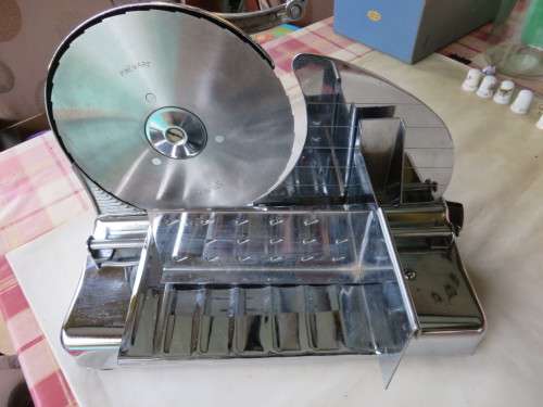 WOW!!! - OLD CROME PLATED PINEWARE MEAT / SAUSAGE SLICER WITH SLEDGE AND ATTACHMENT - AS PER SCAN