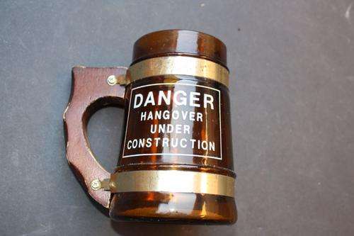 GLASS BEER MUG - DANGER - HANGOVER UNDER CONSTRUCTION - PLEASE HAVE A LOOK
