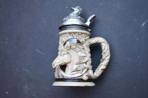 SMALL CERAMIC BEER MUG WITH PEWTER LID - MUSTANG - NINI - 120 - CLEARANCE SALE