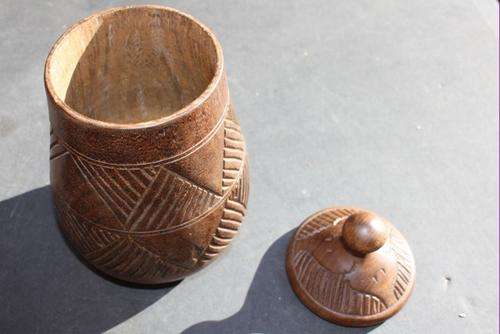 CARVED WOODEN TRINKET BOX - 110 MM DIAM. - 135 MM HIGH