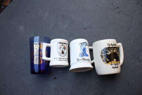 3 COLLECTABLE CERAMIC TOTS AND ONE GLASS FROM GERMANY - PLEASE HAVE A LOOK