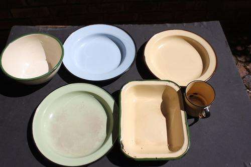 SIX VARIOUS OLD ENAMEL ITEMS - PLEASE HAVE A LOOK