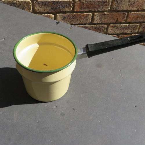 VINTAGE ENAMEL POT / SAUCE PAN WITH GREEN RIM - 135 MM DIAM. 120 MM HIGH