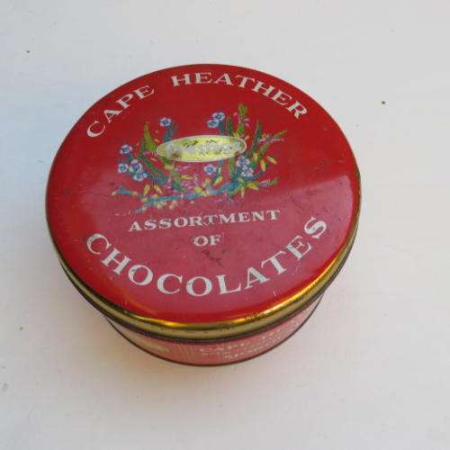 OLD TIN BOX - HUMPHRIES - 180 MM DIAM. 90 MM HIGH -  CAPE HEATHER CHOCOLATES