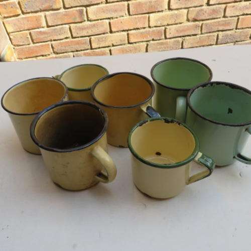 SEVEN VARIOUS ENAMEL MUGS - AS PER SCAN