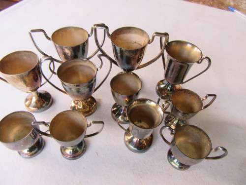 11 SMALL SILVER PLATED TROPHIES - HEIGHT 45, 60, 70, 80 AND 85 MM - NOT ENGRAVED -  AS PER SCAN
