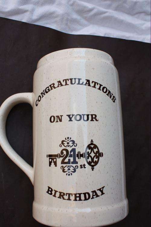 CRAZY TWENTY RAND START !! - LARGE BEER MUG - 21 FIRST BIRTHDAY - 260 MM HIGH - 140 MM DIAM