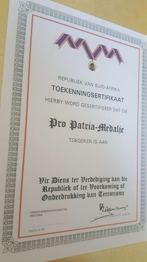 SADF Pro Patria Medal Certificate