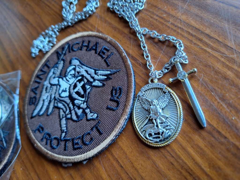 Saint Micheal Protect Us patch and necklace set