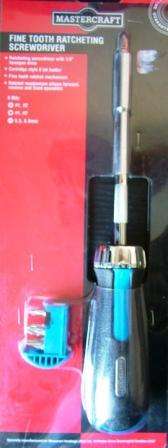 MASTERCRAFT: FINE TOOTH RATCHETING SCREWDRIVER WITH 1/4" hexagon drive, cartridge style 6 bit holder