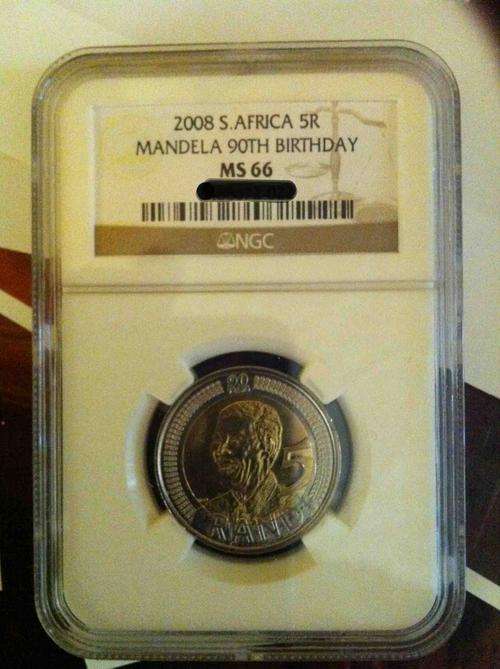 Mandela MS66 , 2008 , 90th birthday, R 5 coins , Graded by NGC at MS 66