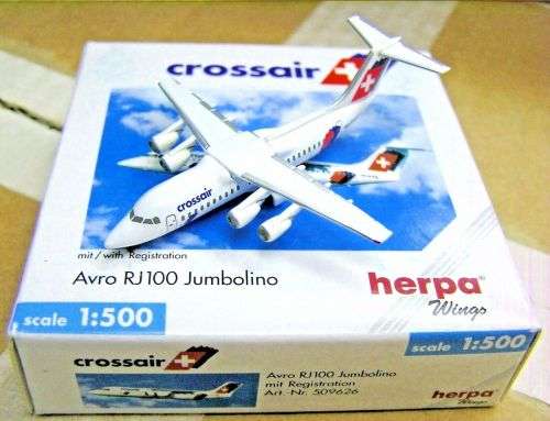Herpa Wings 1:500 509626 Crossair France Avro RJ100 Jumbolino - Airplane Model