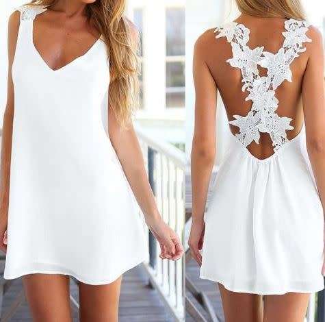 Women Sexy V Neck Backless Lace Crochet Chiffon Summer Beach Mini Dress (Medium)